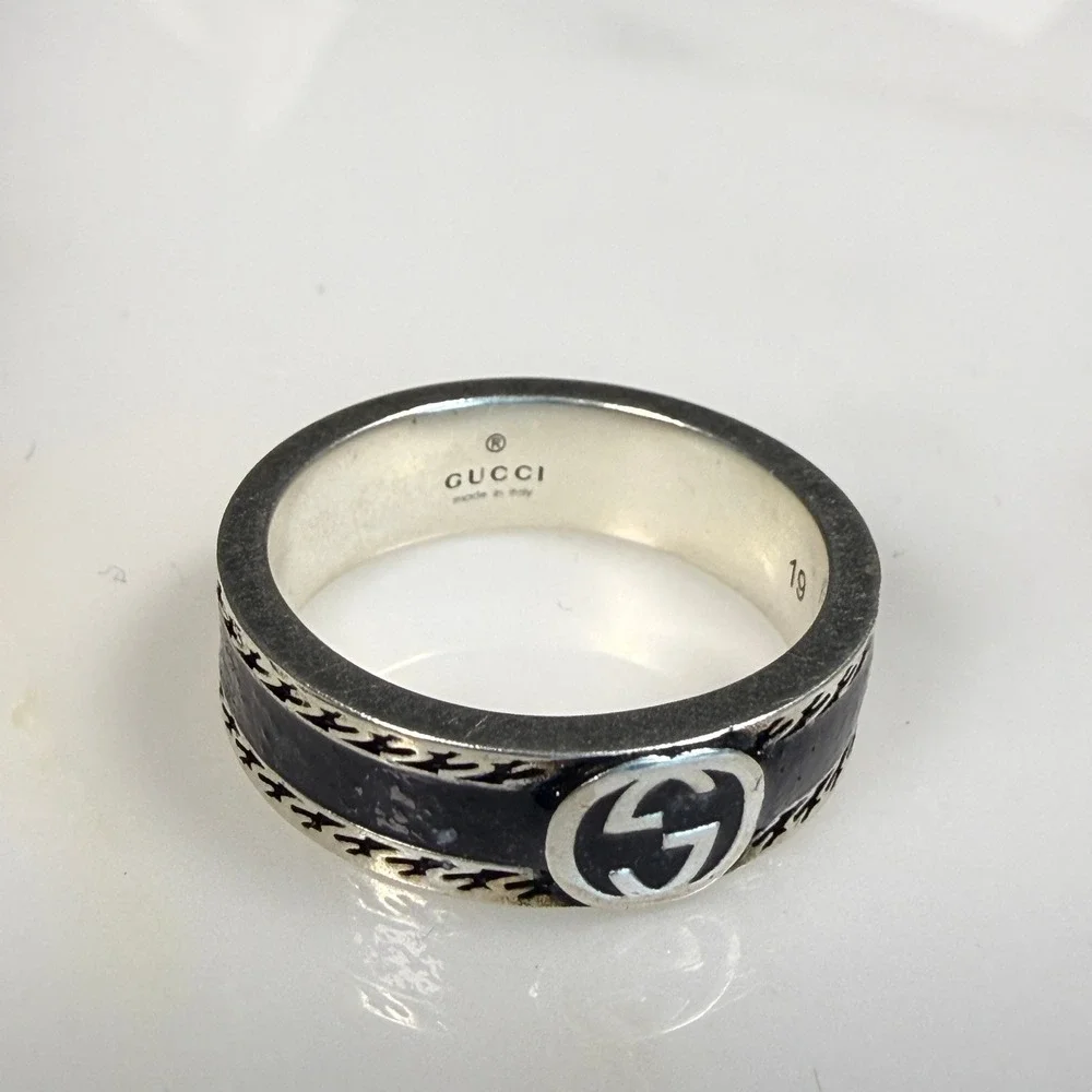 Gucci 745573 Interlocking GG Black Resin Sterling Silver Ring Size 19 US 8 3/4